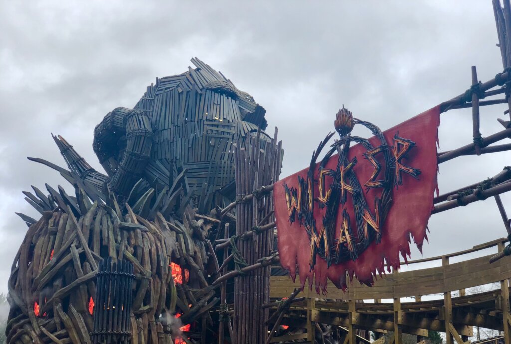 The Wicker Man wooden rollercoaster at Alton Towers entrance sign and effigy.