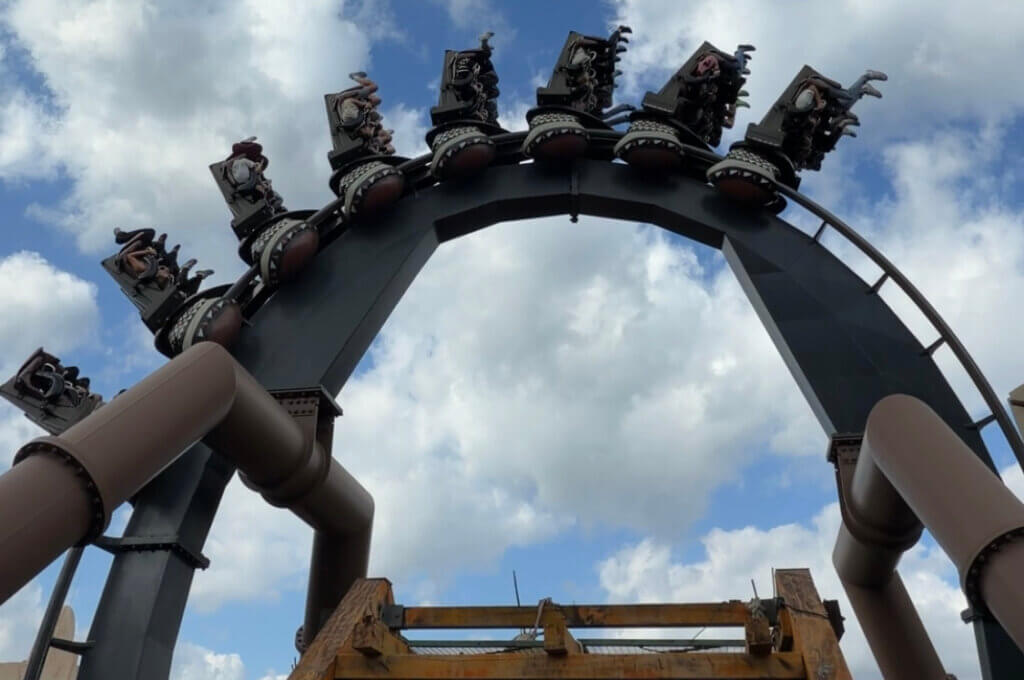 Riders upside down in the loop on Black Mamba, the inverted coaster at Phantasialand