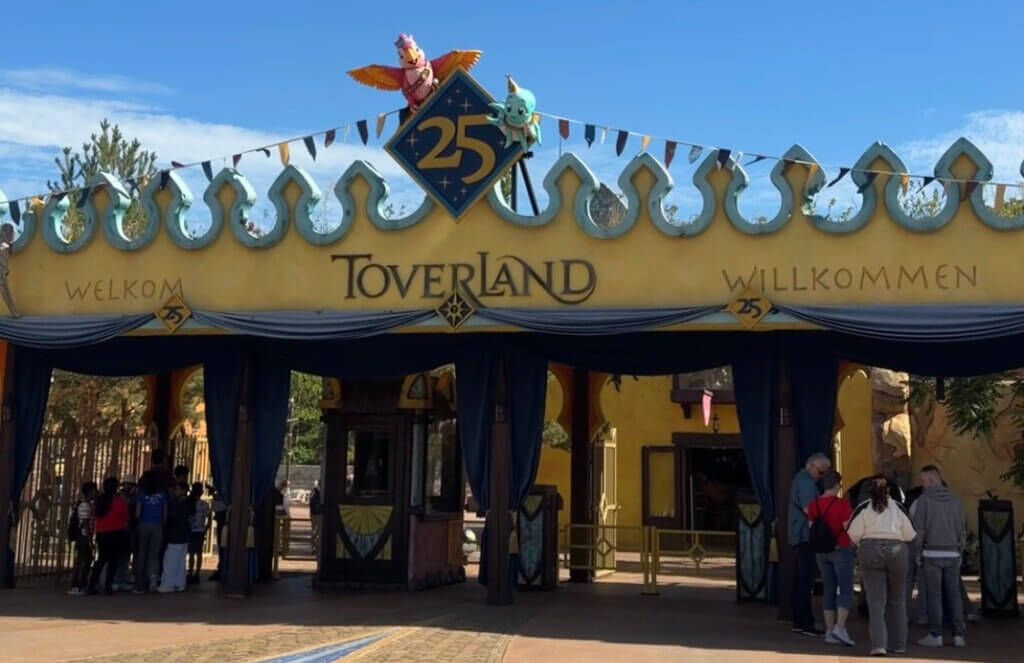 The main entrance to Toverland in the Netherlands, decorated for the park's 25th anniversary